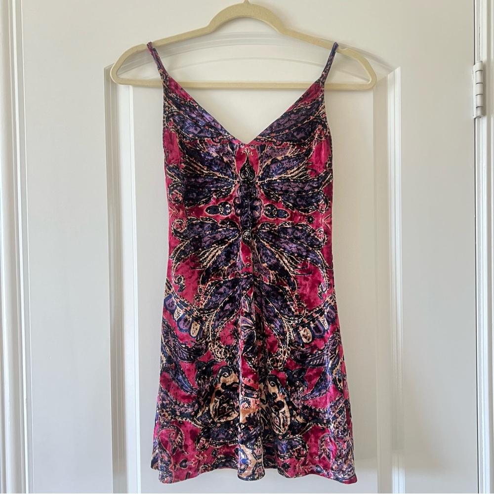 FREE PEOPLE Pink and Purple Velvet Patterned Mini Dress